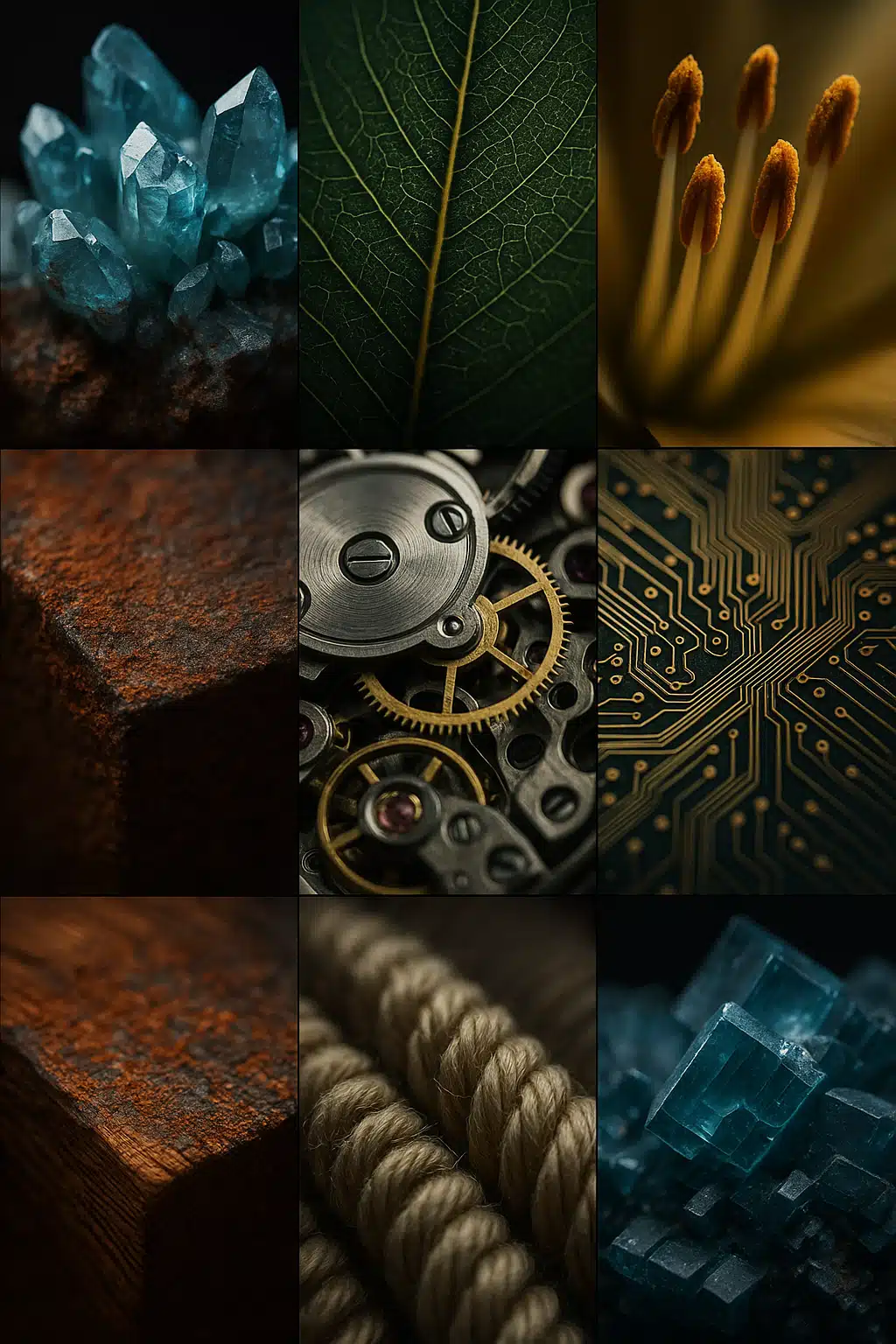 Collection of diverse macro photography subjects including natural mineral formations, plant structures, textured surfaces, and everyday objects showing intricate details and patterns suitable for close-up photography