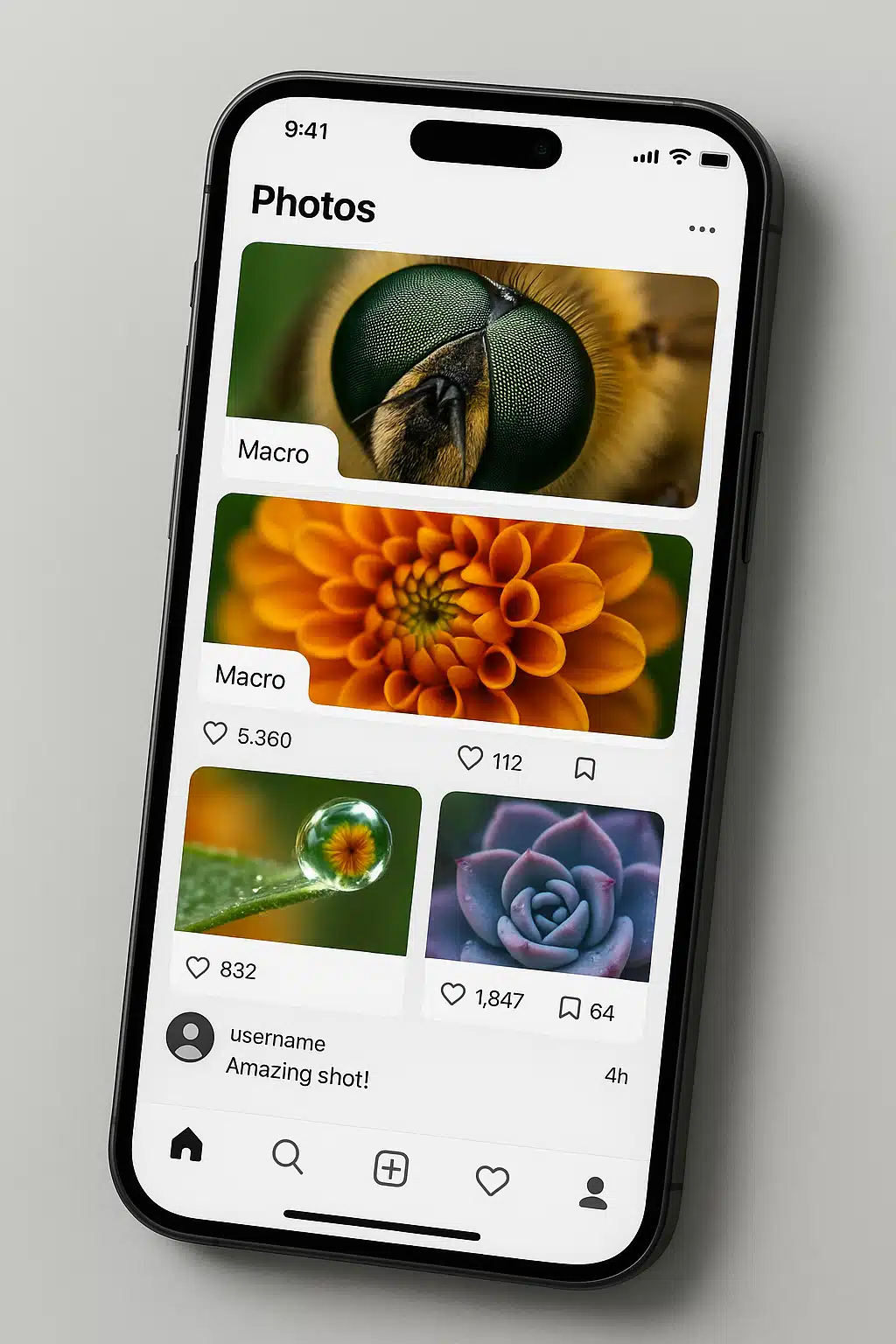 Modern smartphone displaying social media photography gallery featuring macro images, clean interface showing engagement metrics and community interactions, professional aesthetic