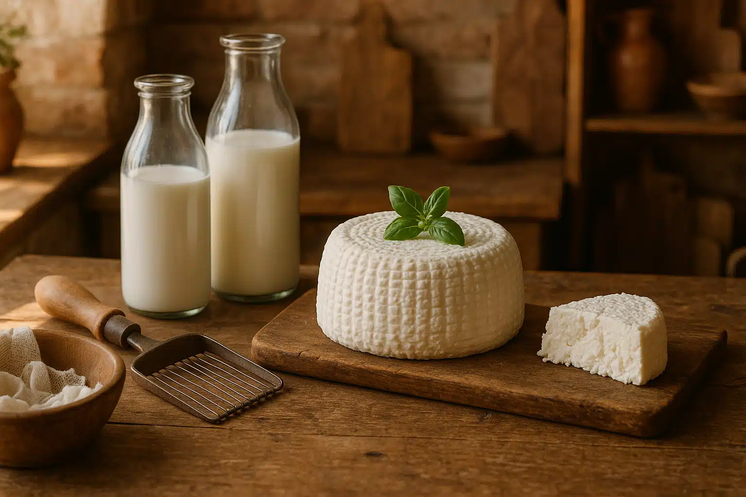 A rustic kitchen countertop with fresh homemade cheese, milk in glass bottles, and traditional cheese-making tools, warm natural lighting, inviting and artisanal atmosphere