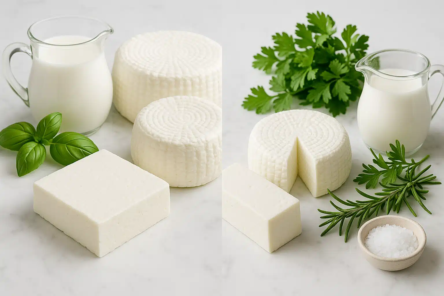 A comparison display showing fresh homemade cheese wheels and blocks alongside fresh ingredients including milk, herbs, and salt, bright and clean composition, professional food photography style