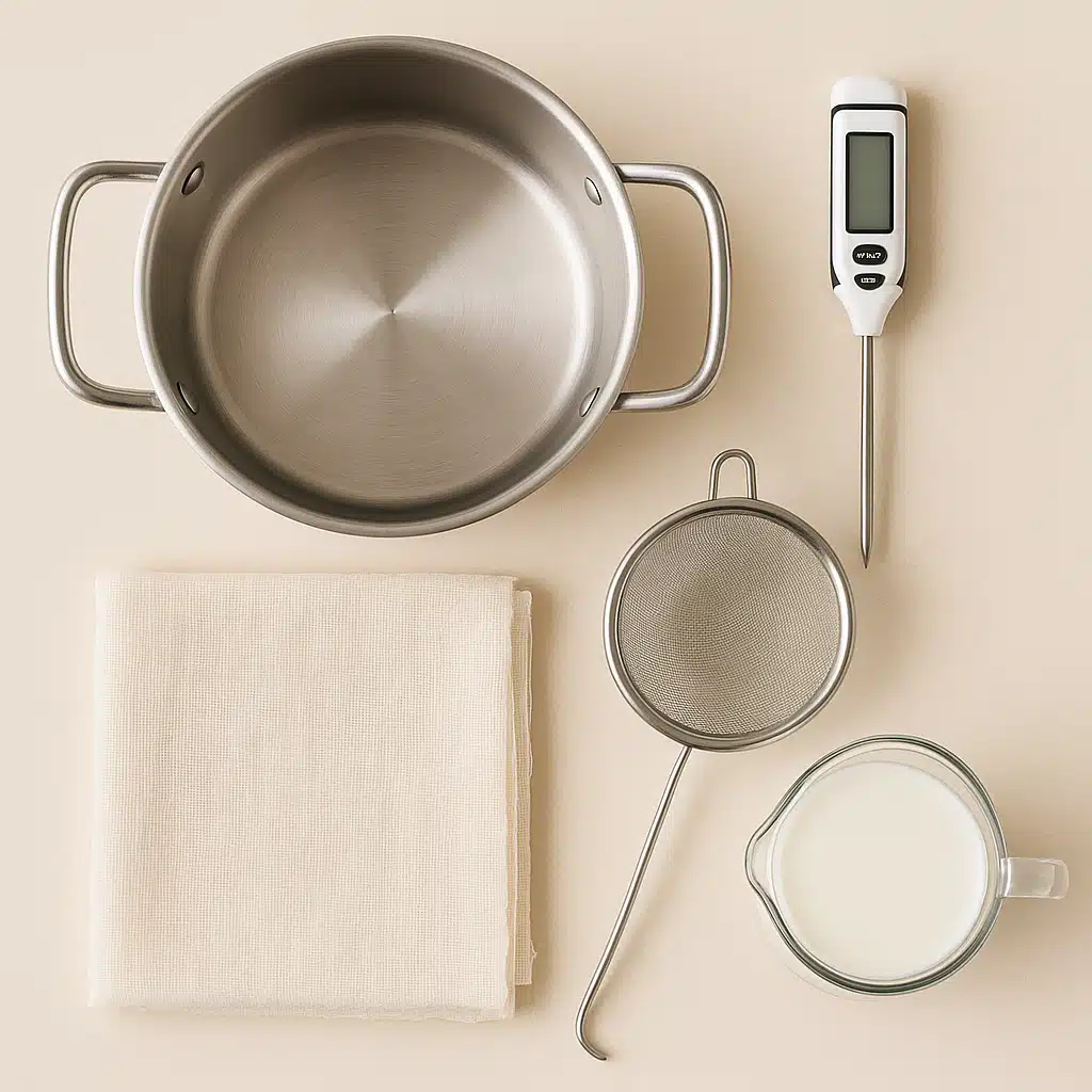 An organized flat lay of cheese-making equipment including a stainless steel pot, digital thermometer, cheesecloth, strainer, and fresh milk, minimal styling, educational and approachable presentation