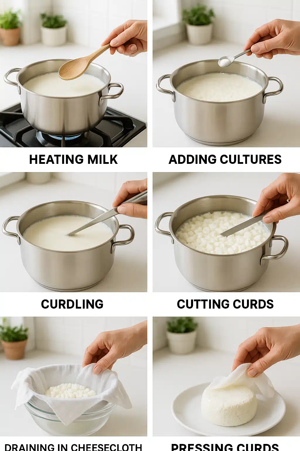 A step-by-step visual guide showing the cheese-making process from heating milk to finished fresh cheese, bright kitchen setting, educational composition with clear progression