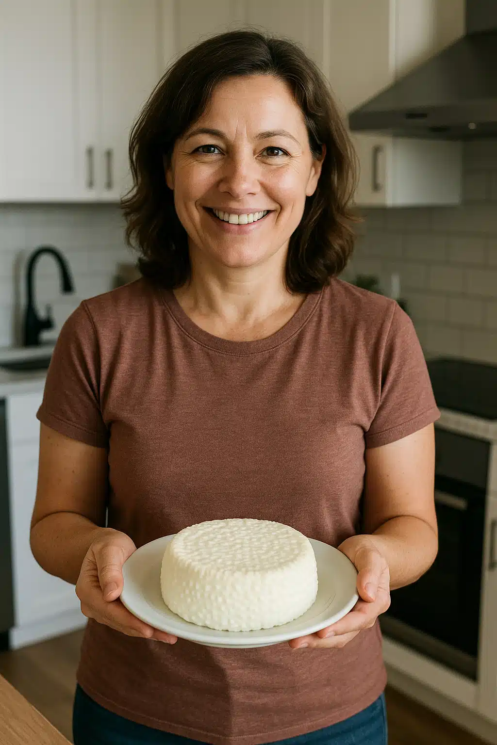 A satisfied home cook holding a plate of freshly made cheese in a modern kitchen, natural smile, approachable and confident demeanor, lifestyle photography style