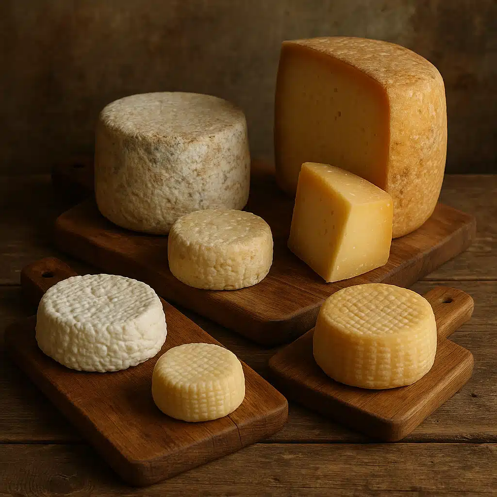 A selection of homemade cheeses at various stages of aging on wooden boards, from fresh soft cheese to aged hard varieties, rustic presentation, artisanal quality
