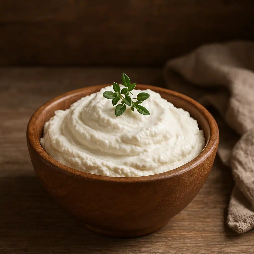 A bowl of fresh, creamy white ricotta cheese with a smooth texture, garnished with a sprig of fresh herbs, soft natural lighting, rustic kitchen setting with wooden background