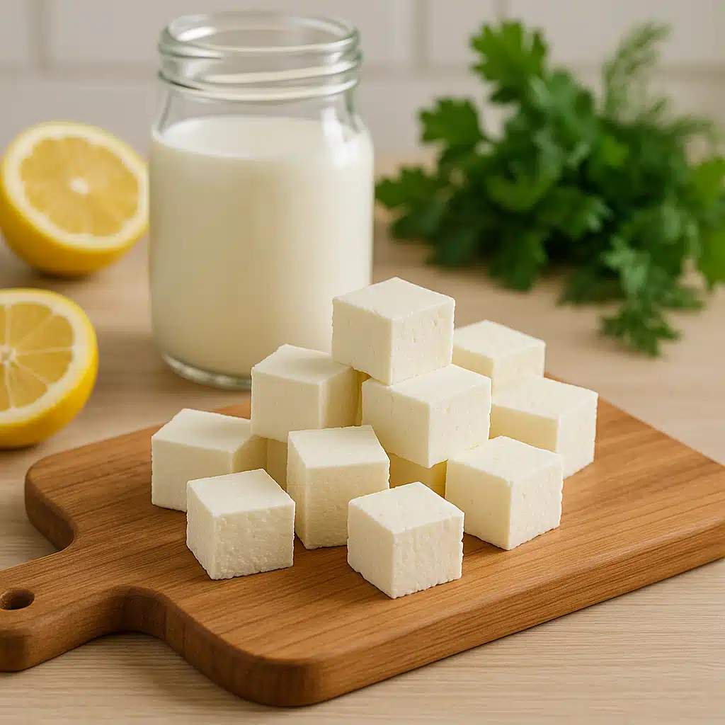Fresh white paneer cheese cubes arranged on a wooden cutting board with whole milk in a glass jar, lemon halves, and fresh herbs in the background, clean kitchen setting with natural lighting