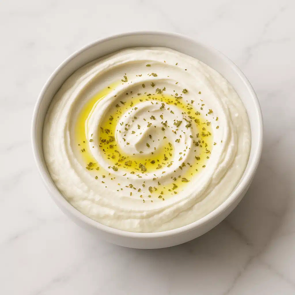 Bowl of creamy white labneh yogurt cheese with smooth texture, garnished with olive oil drizzle and herbs, on a clean white marble surface with natural lighting