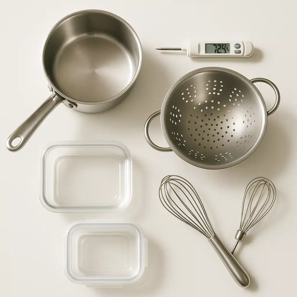 An overhead view of common kitchen tools arranged neatly on a clean white countertop, including a stainless steel pot, thermometer, colander, whisk, and glass storage containers, bright natural lighting, minimalist and inviting composition