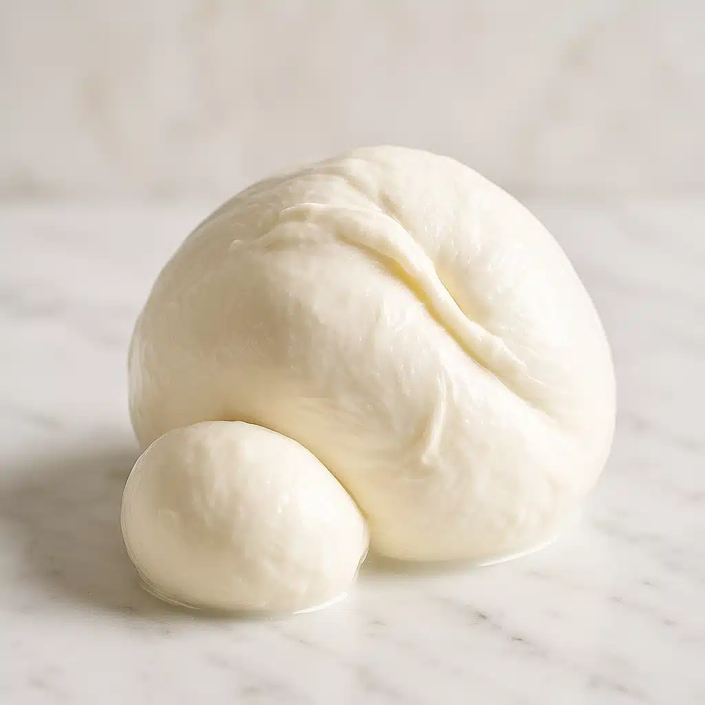Fresh homemade mozzarella cheese with smooth creamy texture on a white marble surface, professional food photography, soft natural lighting, appetizing presentation