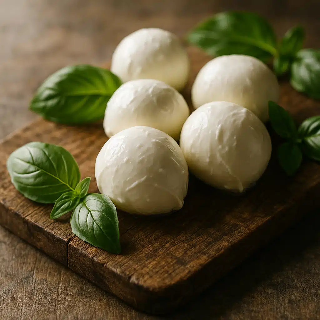 Fresh white mozzarella cheese balls on a rustic wooden board with fresh basil leaves, soft natural lighting, artisanal food photography style