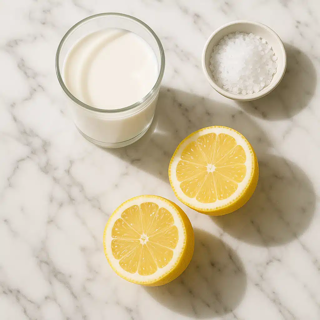 A kitchen scene showing a glass of fresh milk, lemon halves, and a small bowl of sea salt arranged on a marble countertop, bright and clean aesthetic, overhead perspective