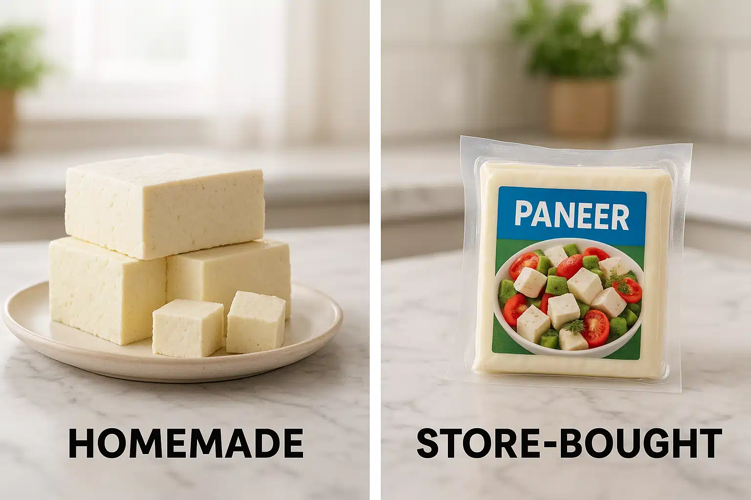 Comparison layout showing homemade paneer blocks and store-bought packaged paneer side by side on a marble countertop, highlighting freshness and quality differences, bright natural kitchen lighting