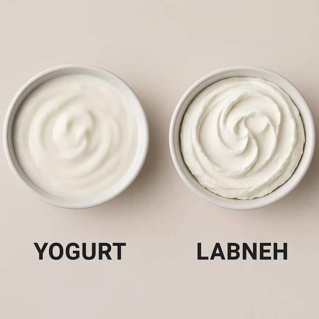 Side-by-side comparison showing regular yogurt in one bowl and thick, creamy strained labneh in another bowl, demonstrating the texture difference on a neutral background