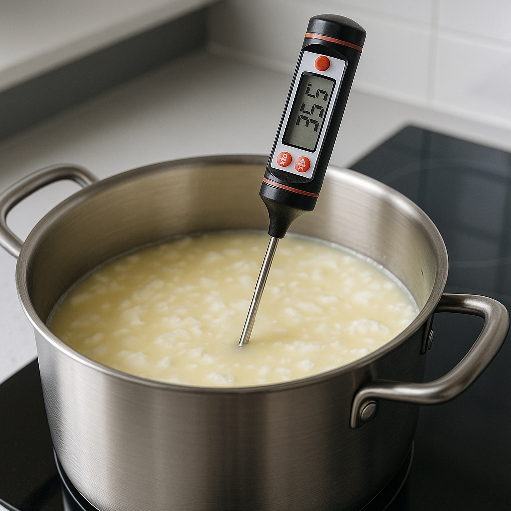 Digital kitchen thermometer measuring temperature in a stainless steel pot during cheese making process, close-up detail shot, clean modern kitchen setting