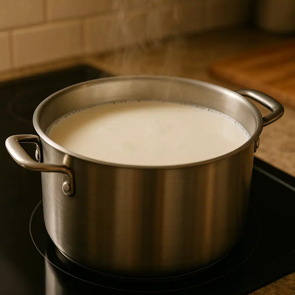 A large stainless steel pot filled with white milk on a modern stovetop, steam gently rising, kitchen background slightly blurred, warm and clean atmosphere, close-up perspective