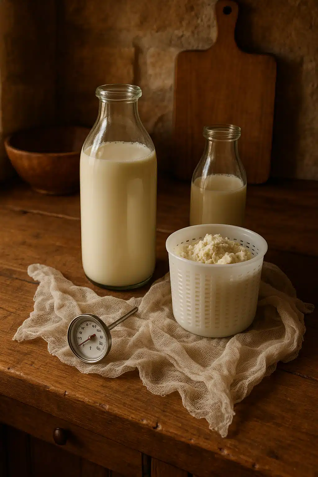A rustic kitchen countertop with glass bottles of fresh milk, cheese-making equipment including a thermometer and cheesecloth, warm natural lighting, inviting and artisanal atmosphere