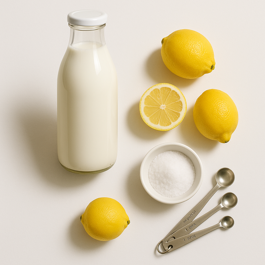 Ingredients for paneer making neatly arranged on a clean white surface including a bottle of whole milk, fresh lemons, small bowl of salt, and measuring spoons, minimalist food photography style with soft shadows