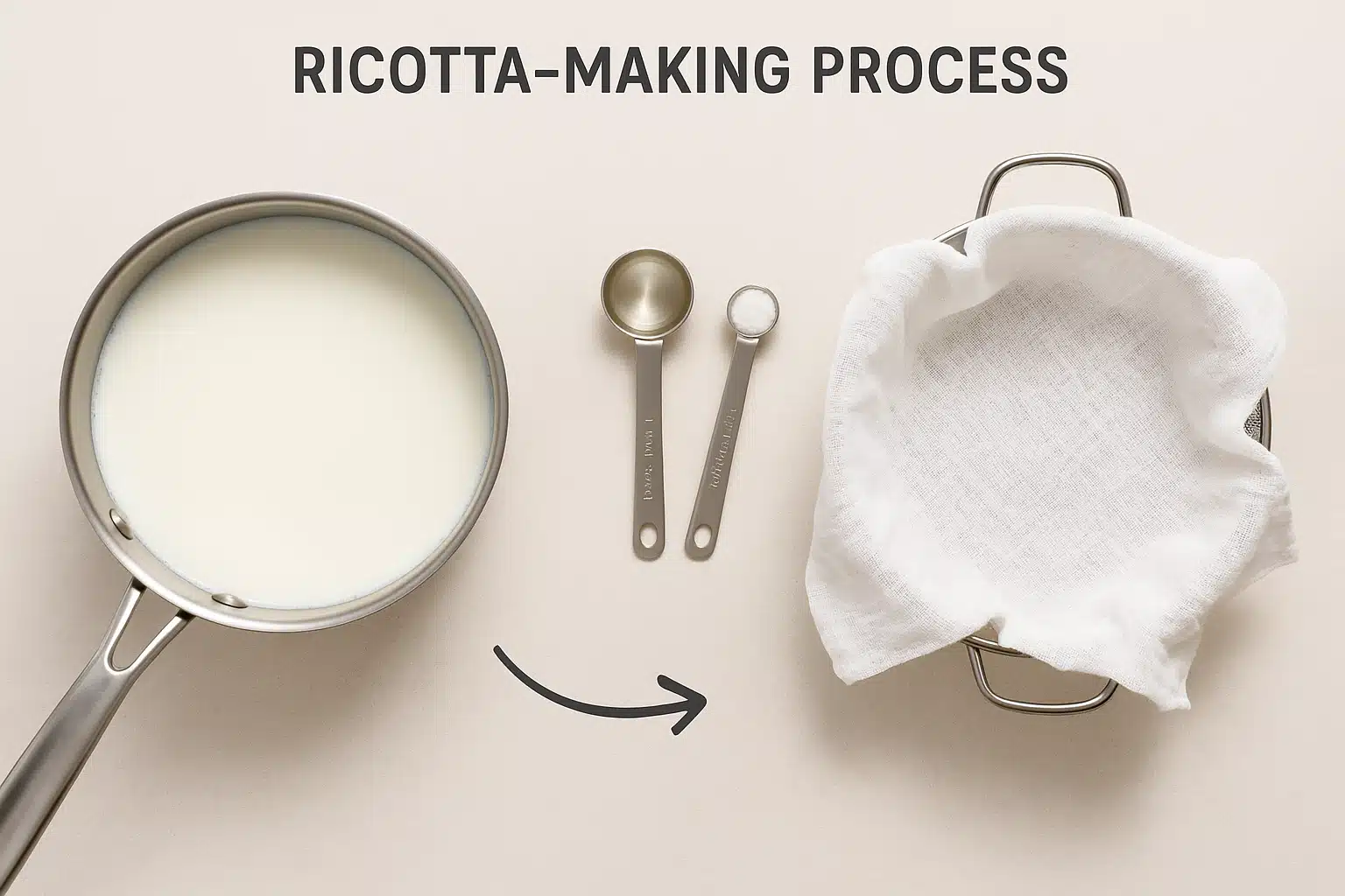 A step-by-step flat lay showing ricotta-making process with a saucepan of milk, measuring spoons with acid, cheesecloth in colander, educational cooking photography style, clean and organized composition