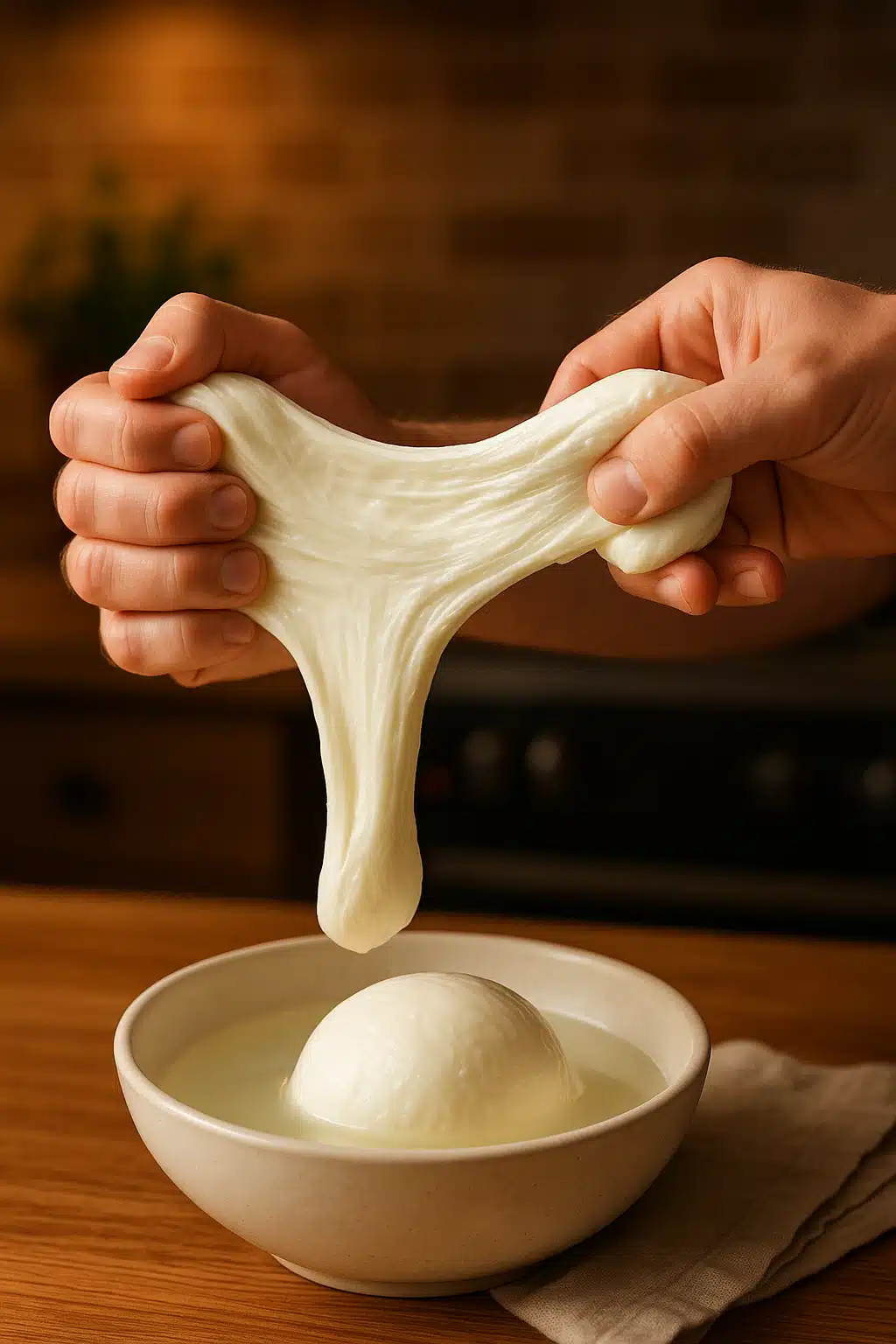 Hands stretching fresh white mozzarella cheese showing its elastic texture, kitchen setting with warm lighting, close-up food preparation photography