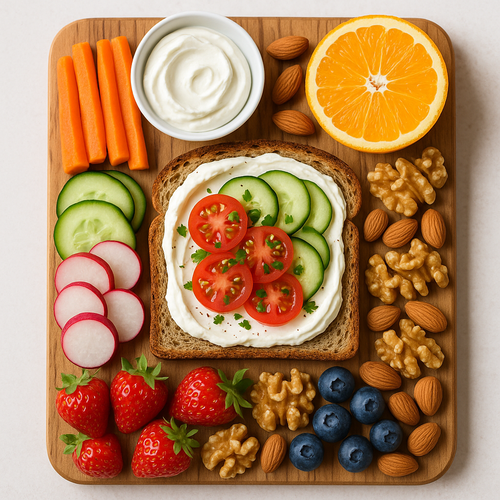 Healthy breakfast spread featuring labneh on whole grain toast with fresh vegetables, fruits, and nuts arranged on a wooden board, bright and appetizing food photography style