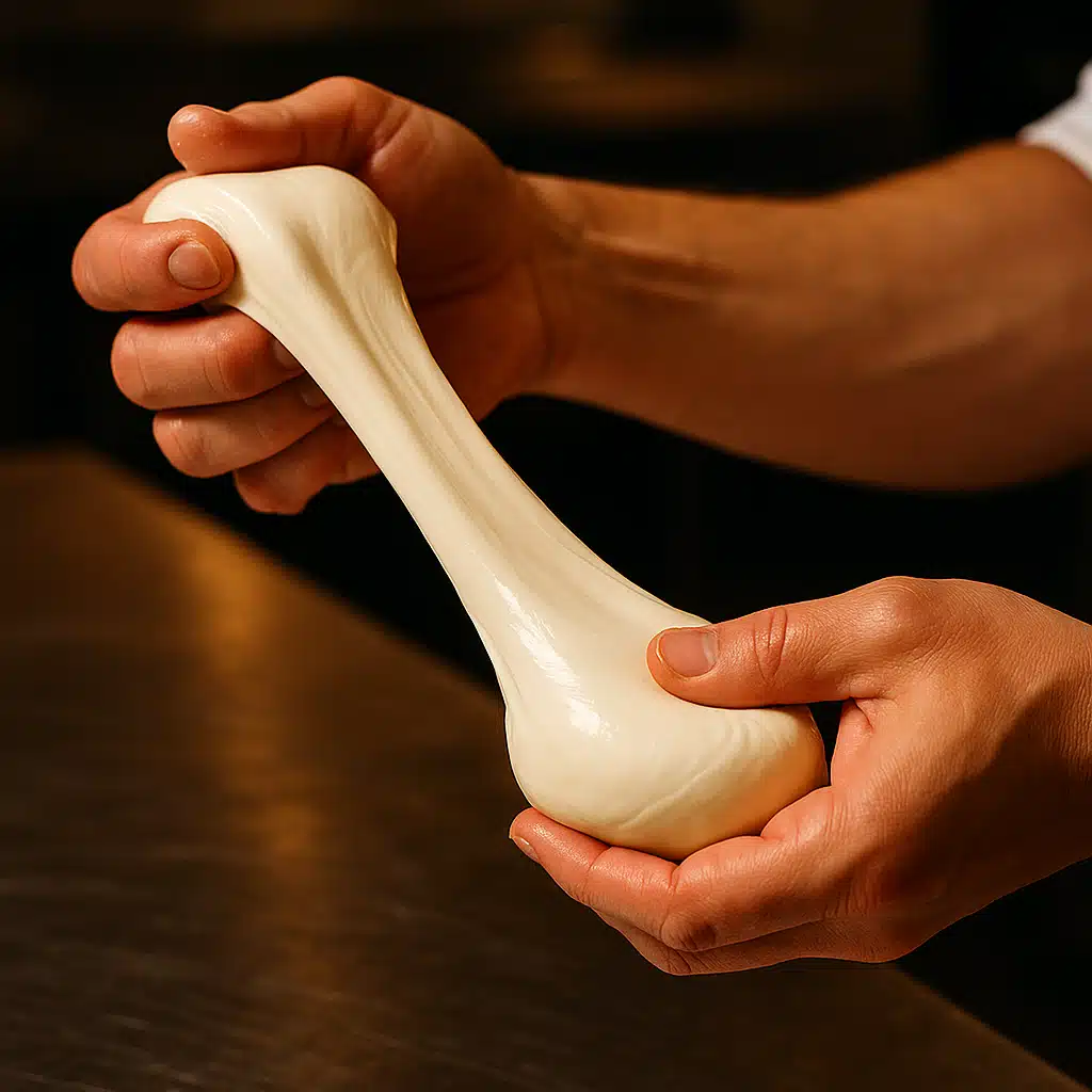 Hands stretching fresh mozzarella cheese showing proper technique, smooth glossy texture visible, professional food preparation photography, warm lighting