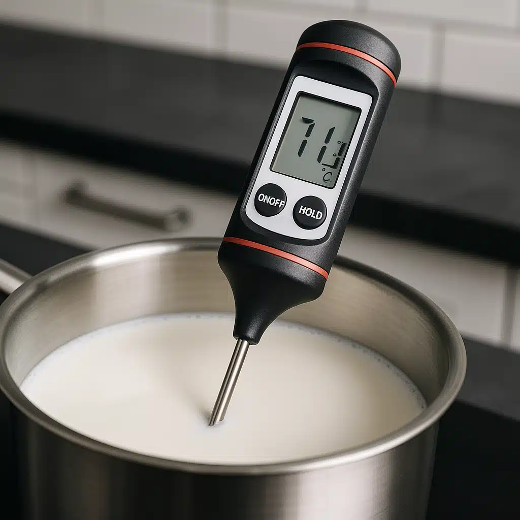 A digital kitchen thermometer probe inserted into a pot of milk, LCD display showing temperature reading clearly, clean and professional kitchen setting, focused composition with shallow depth of field