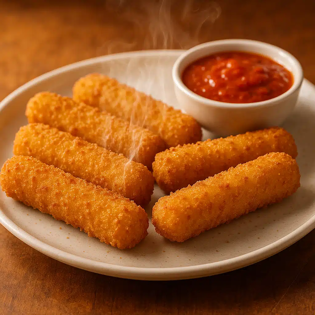 Golden brown crispy mozzarella sticks arranged on a white serving plate with marinara dipping sauce, steam rising from the freshly fried cheese, professional food photography with warm lighting