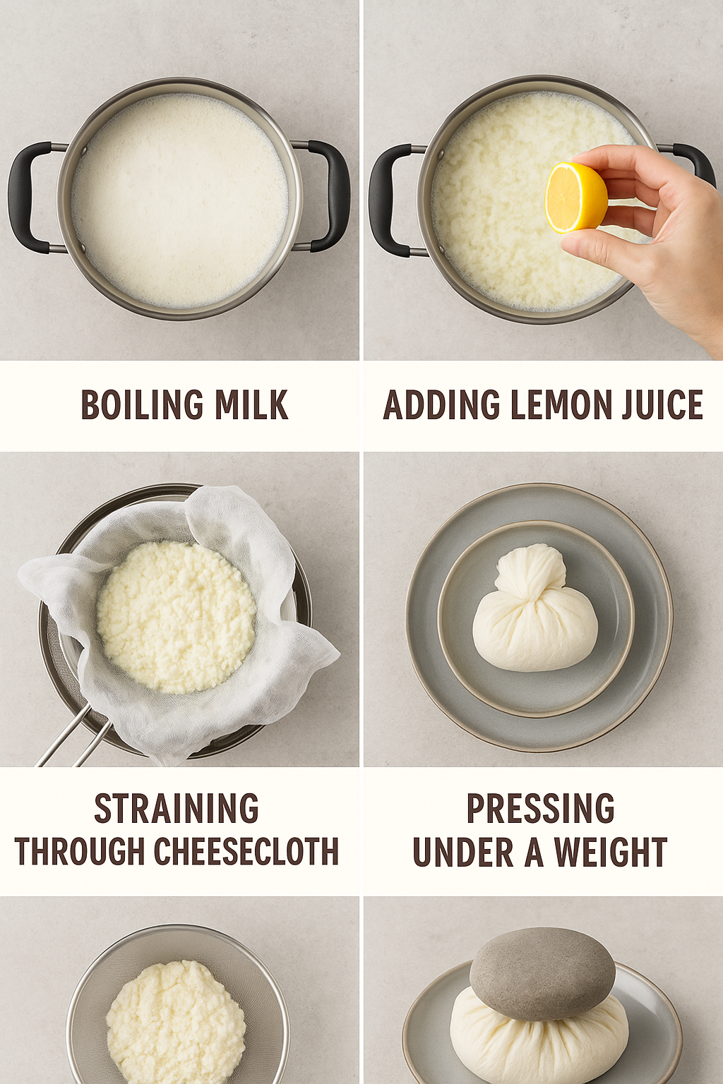 Step-by-step collage showing the paneer-making process: boiling milk in pot, adding lemon juice causing curdling, straining through cheesecloth, and pressing under weight, overhead view, instructional cooking photography style