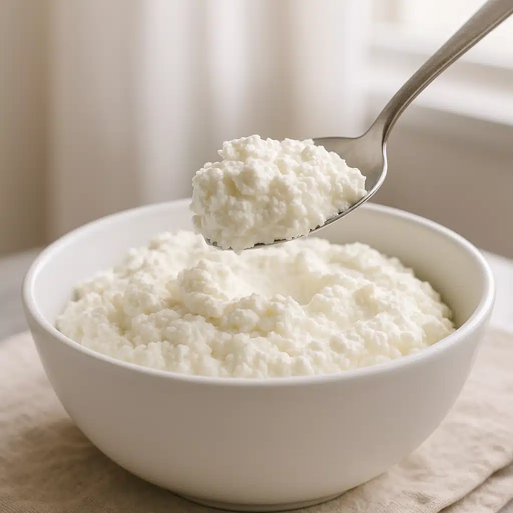 Freshly made ricotta cheese being spooned from a white bowl, soft and fluffy texture visible, natural window lighting, simple and appetizing food photography style