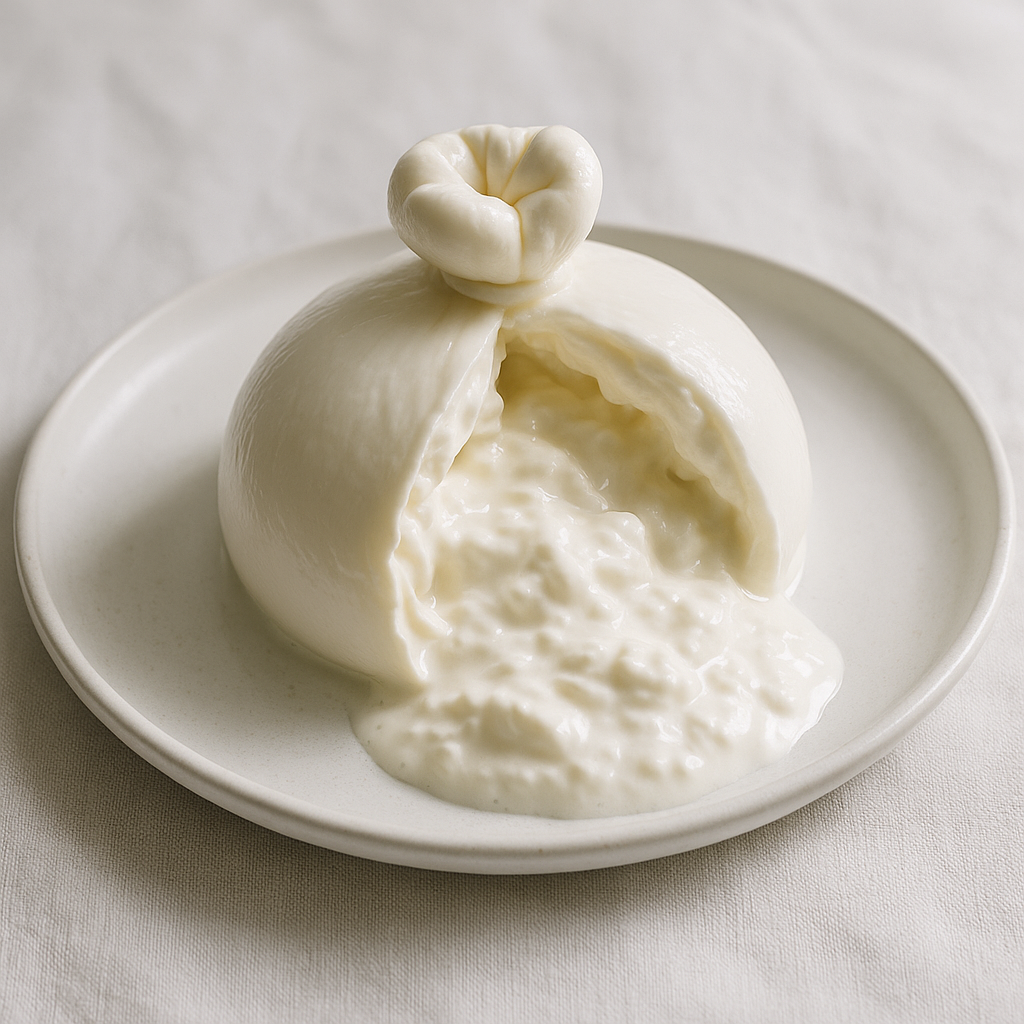 Fresh burrata cheese on a white ceramic plate with a torn opening revealing creamy stracciatella filling, natural lighting, elegant food photography style