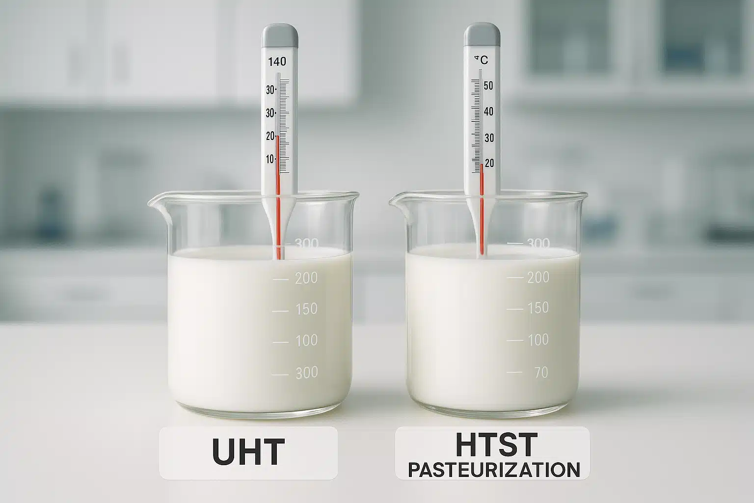 A scientific comparison visual showing two glass beakers of milk with temperature gauges, one labeled for UHT and one for HTST pasteurization, clean laboratory aesthetic with soft lighting