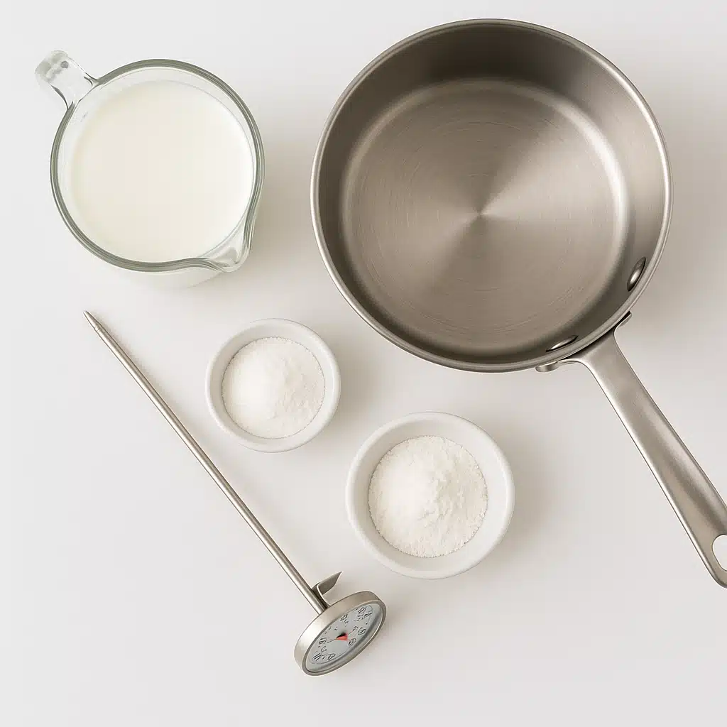 Cheese making ingredients and tools arranged on a clean kitchen counter including milk, thermometer, large pot, and small bowls with white powder, overhead flat lay photography style