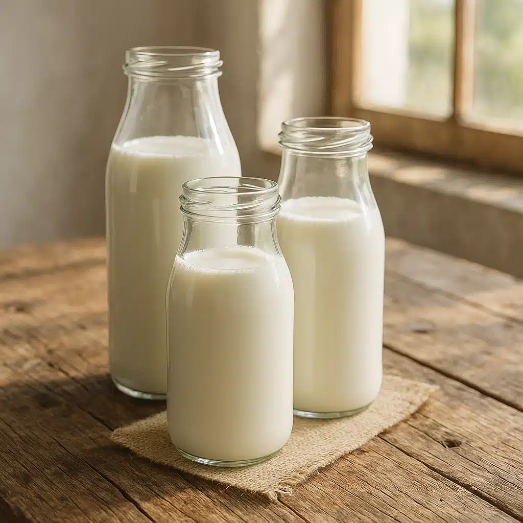Glass bottles of fresh whole milk on a rustic wooden table, natural morning light, farm-fresh quality, clean and pure aesthetic
