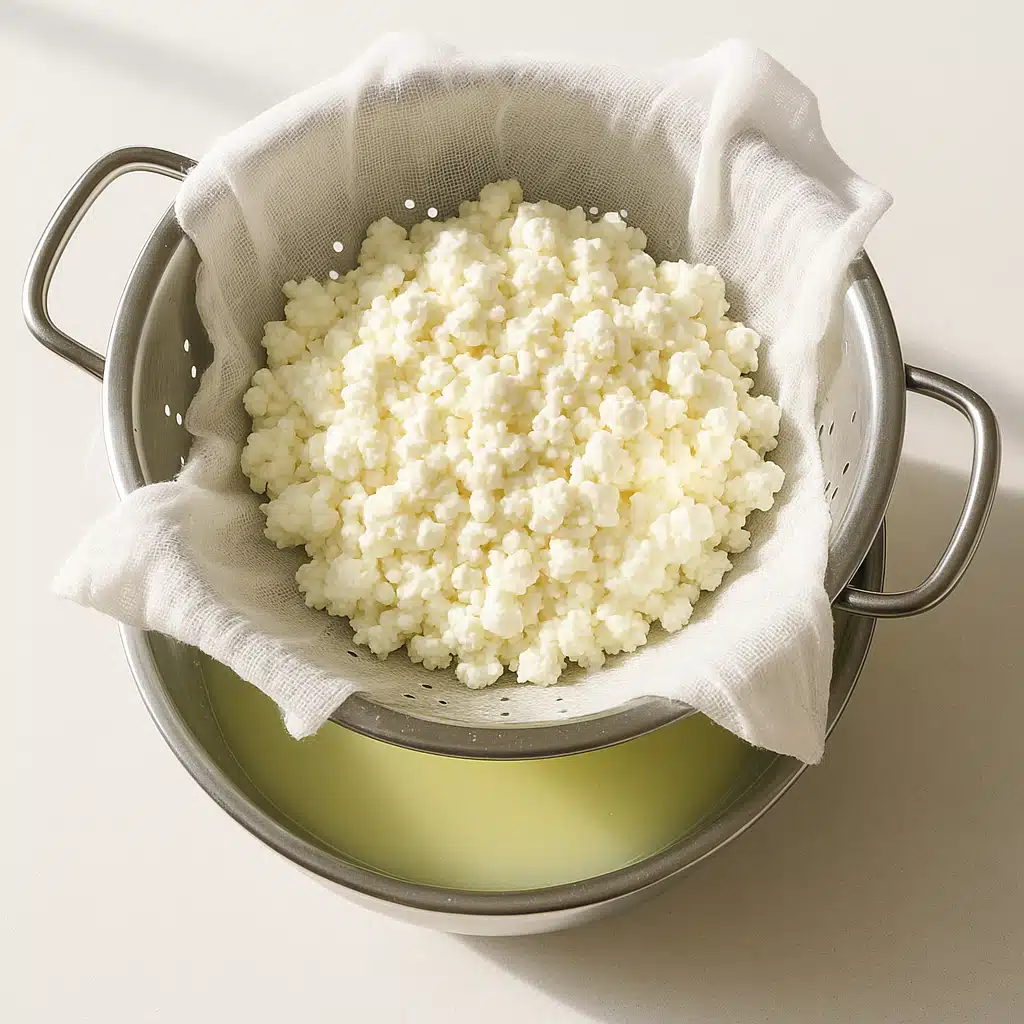 A stainless steel colander lined with white cheesecloth positioned over a large bowl, white cheese curds draining with whey collecting below, bright kitchen lighting, top-down angle, clean and appetizing presentation