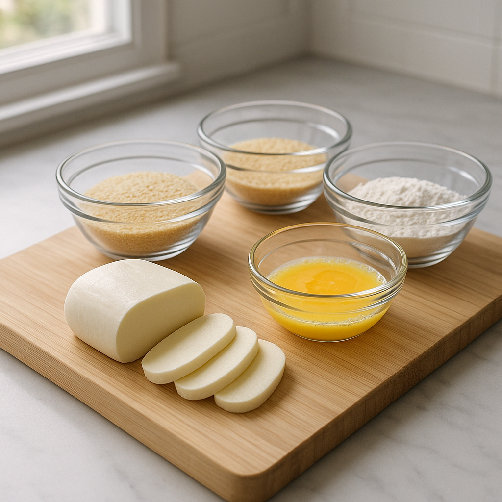 Fresh mozzarella cheese block on a wooden cutting board with breading ingredients in glass bowls, kitchen prep scene with natural daylight, clean and organized cooking setup