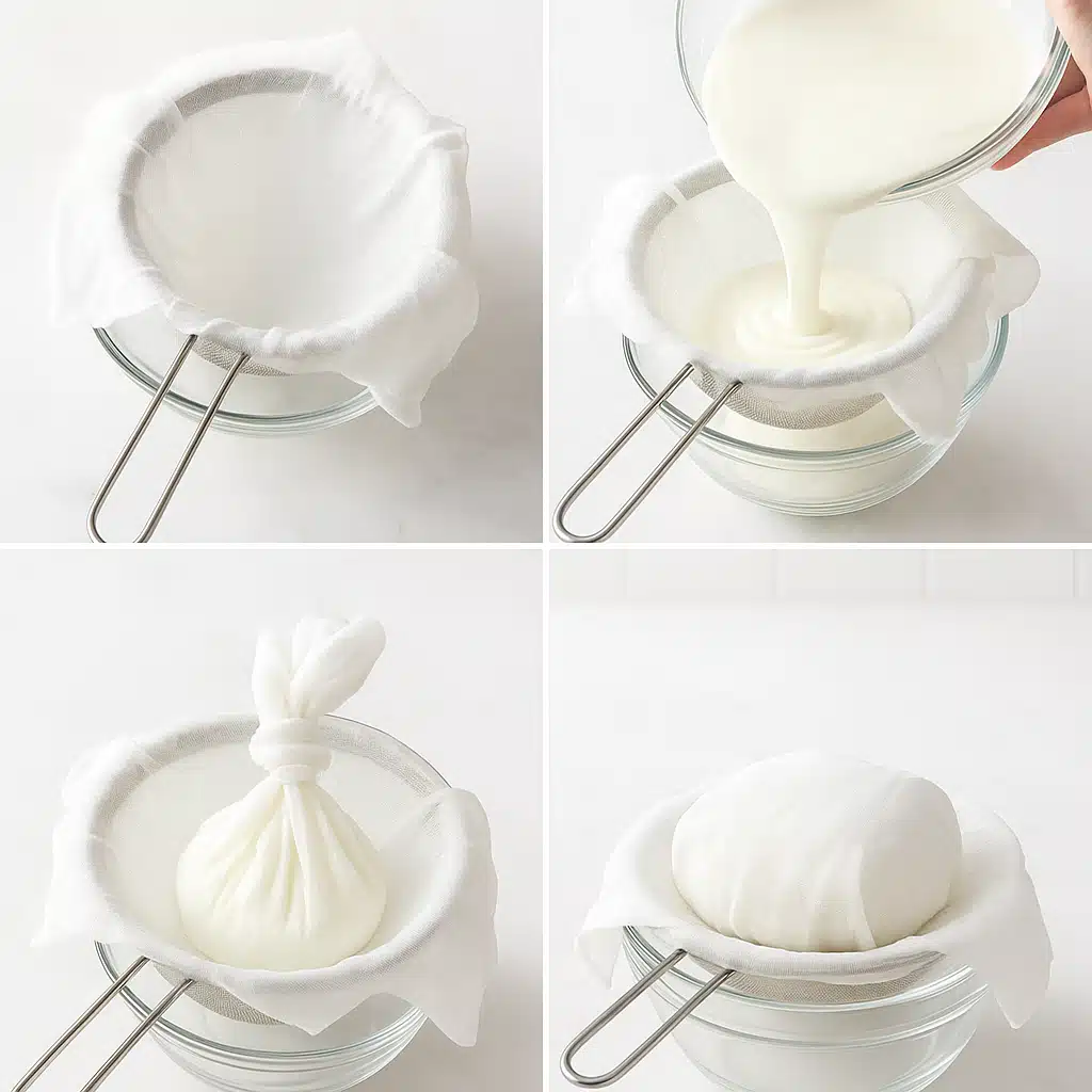 Step-by-step process of making labneh showing cheesecloth-lined strainer over bowl, yogurt being poured in, and covered setup ready for refrigeration, clean instructional photography style