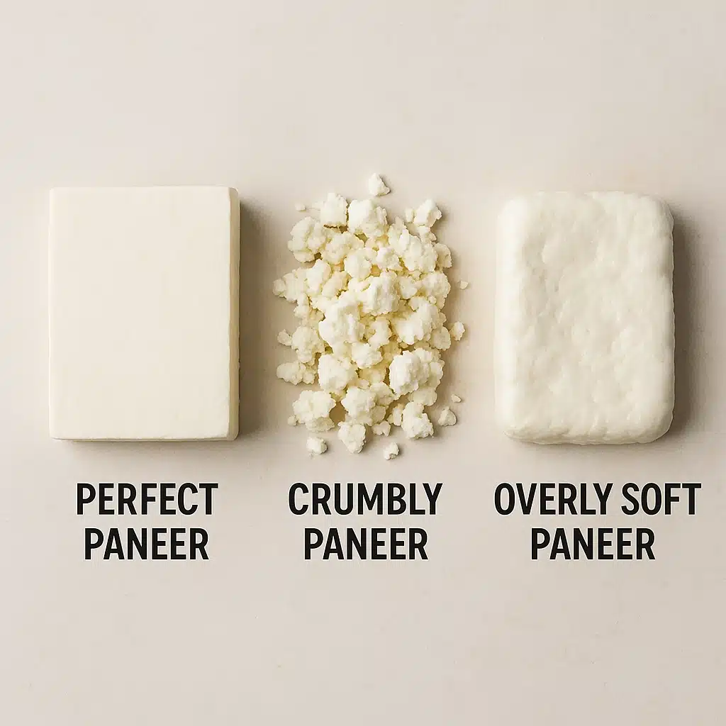 Troubleshooting comparison showing perfect paneer block with smooth texture next to common mistakes like crumbly paneer and overly soft paneer, educational food photography on neutral background with labels