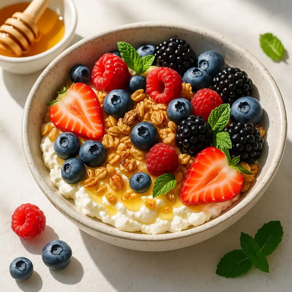 A colorful breakfast bowl featuring creamy ricotta topped with fresh berries, honey drizzle, granola, and mint leaves, bright morning light, healthy and appetizing food styling