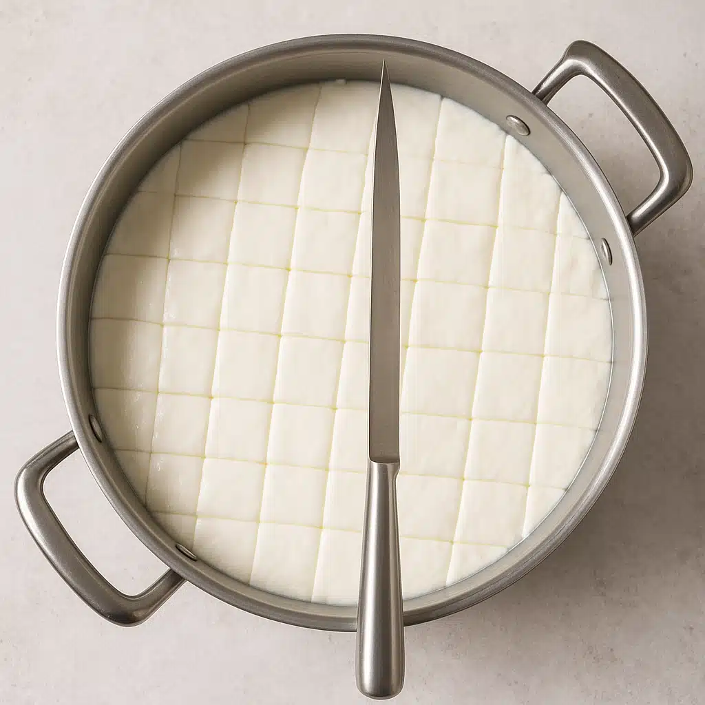 White cheese curds being cut in a grid pattern in a large stainless steel pot, top-down view, clear step-by-step instructional photography style