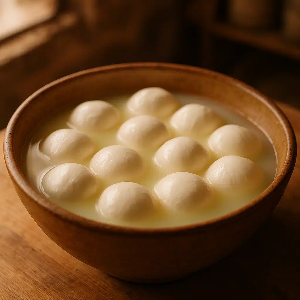 Freshly formed mozzarella balls resting in a ceramic bowl with whey, soft focus background, artisanal cheese making atmosphere, warm natural lighting