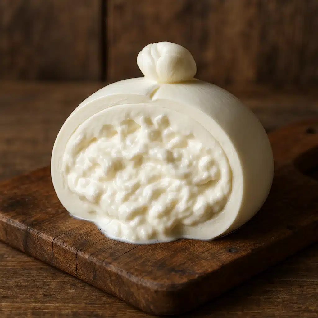 Cross-section of burrata cheese showing the outer mozzarella shell and creamy stracciatella interior, artisan cheese presentation on a rustic wooden board
