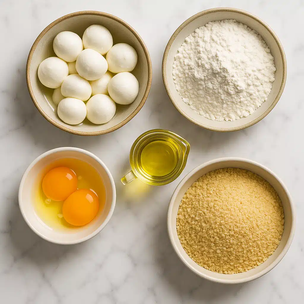 Overhead flat lay of cooking ingredients including fresh mozzarella, flour, eggs, breadcrumbs, and cooking oil arranged on a marble surface, bright professional food photography style