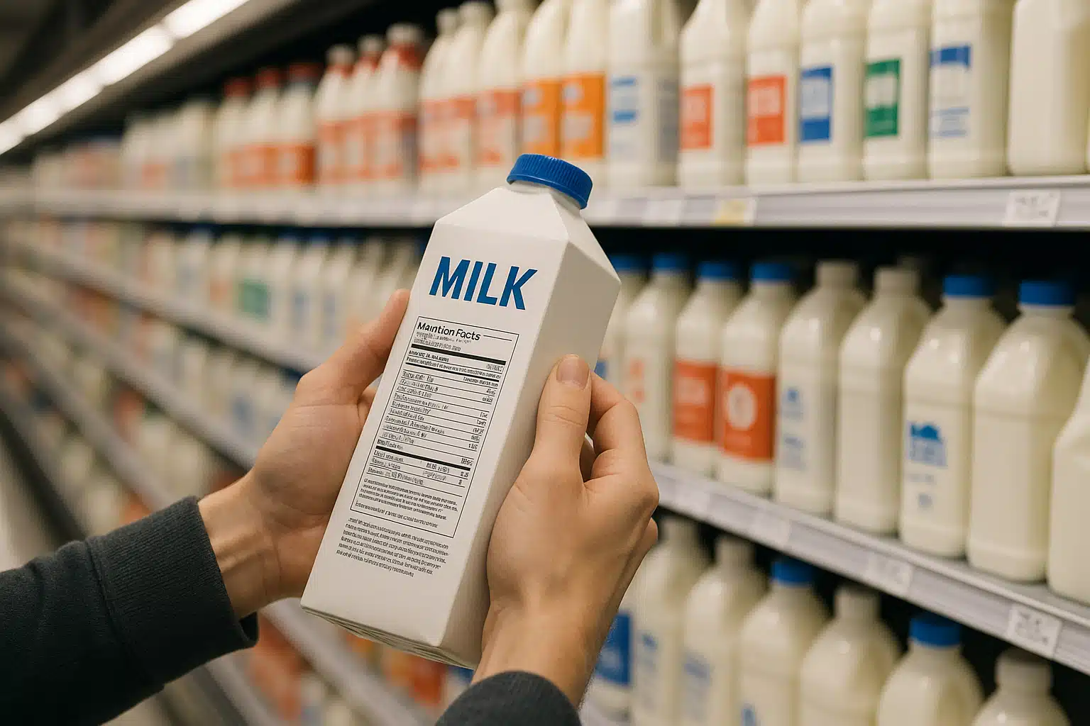 A person's hands holding a milk carton in a grocery store dairy aisle, reading the label carefully, bright commercial lighting, focused and attentive mood