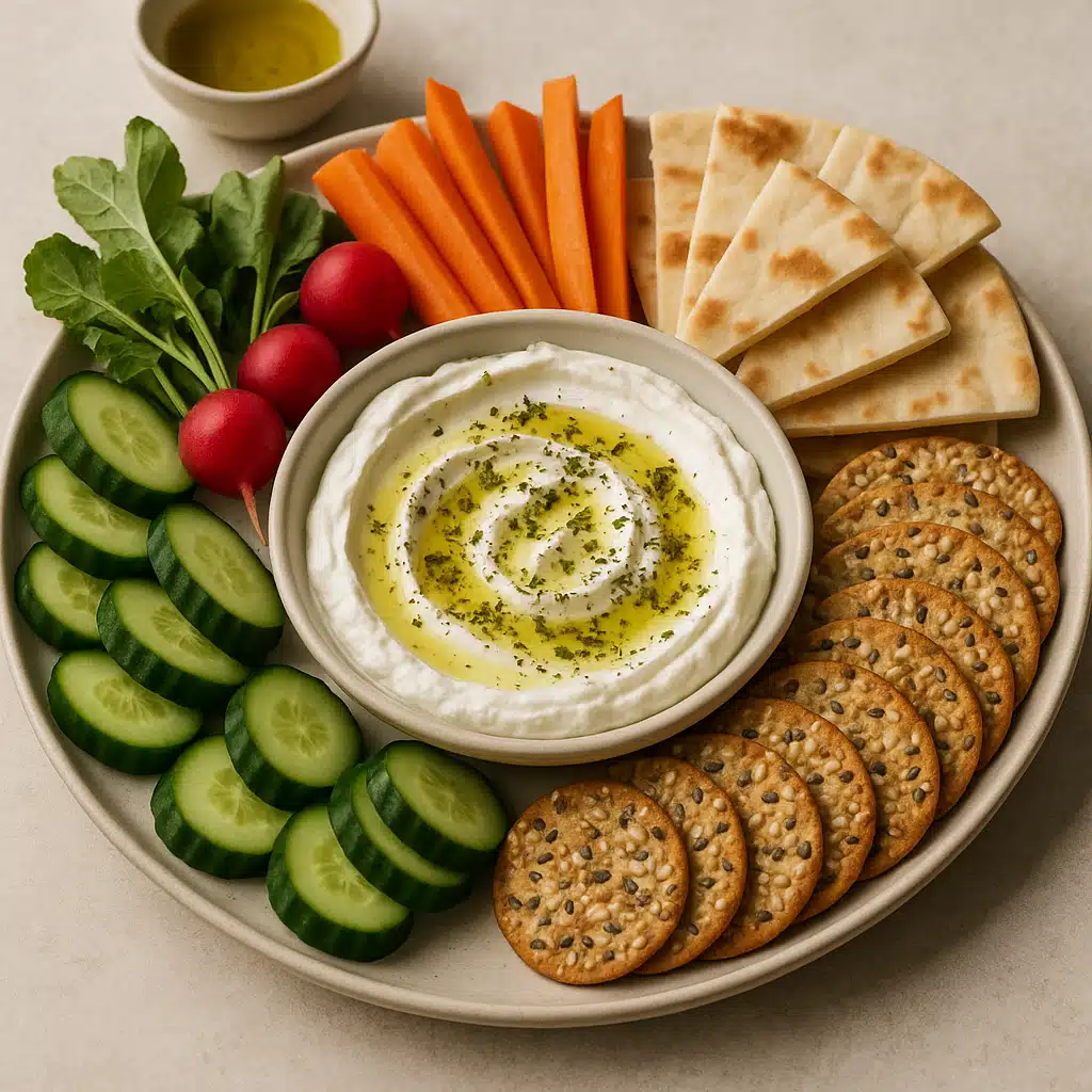 Appetizer platter featuring labneh spread in a shallow bowl drizzled with olive oil and herbs, surrounded by fresh vegetables, pita bread, and crackers, elegant food styling with Mediterranean aesthetic