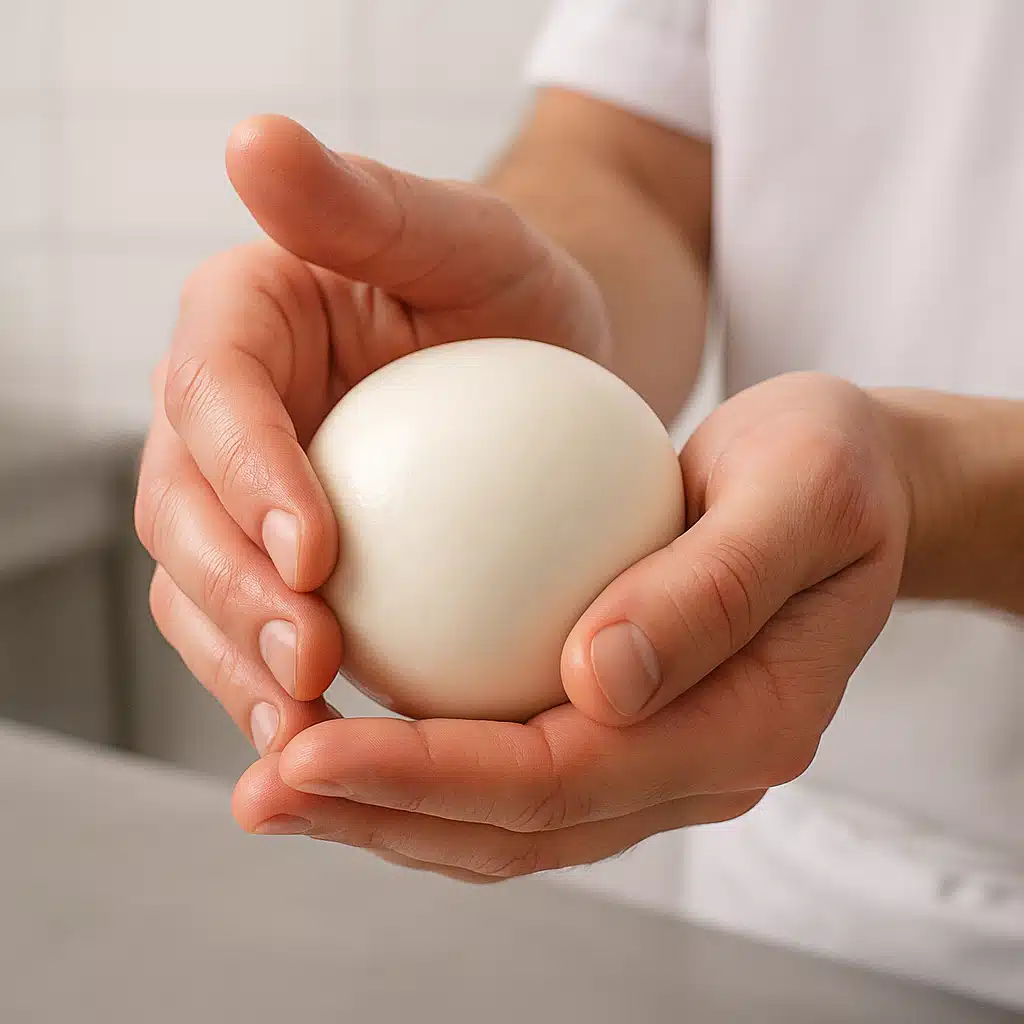 Hands forming smooth white mozzarella cheese into a ball shape, professional food preparation photography, clean kitchen background with soft lighting