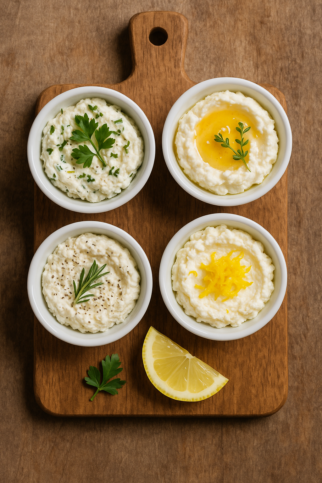 An assortment of flavored ricotta varieties in small white bowls, garnished with herbs, lemon zest, and honey, rustic wooden board, overhead view, artisanal food presentation