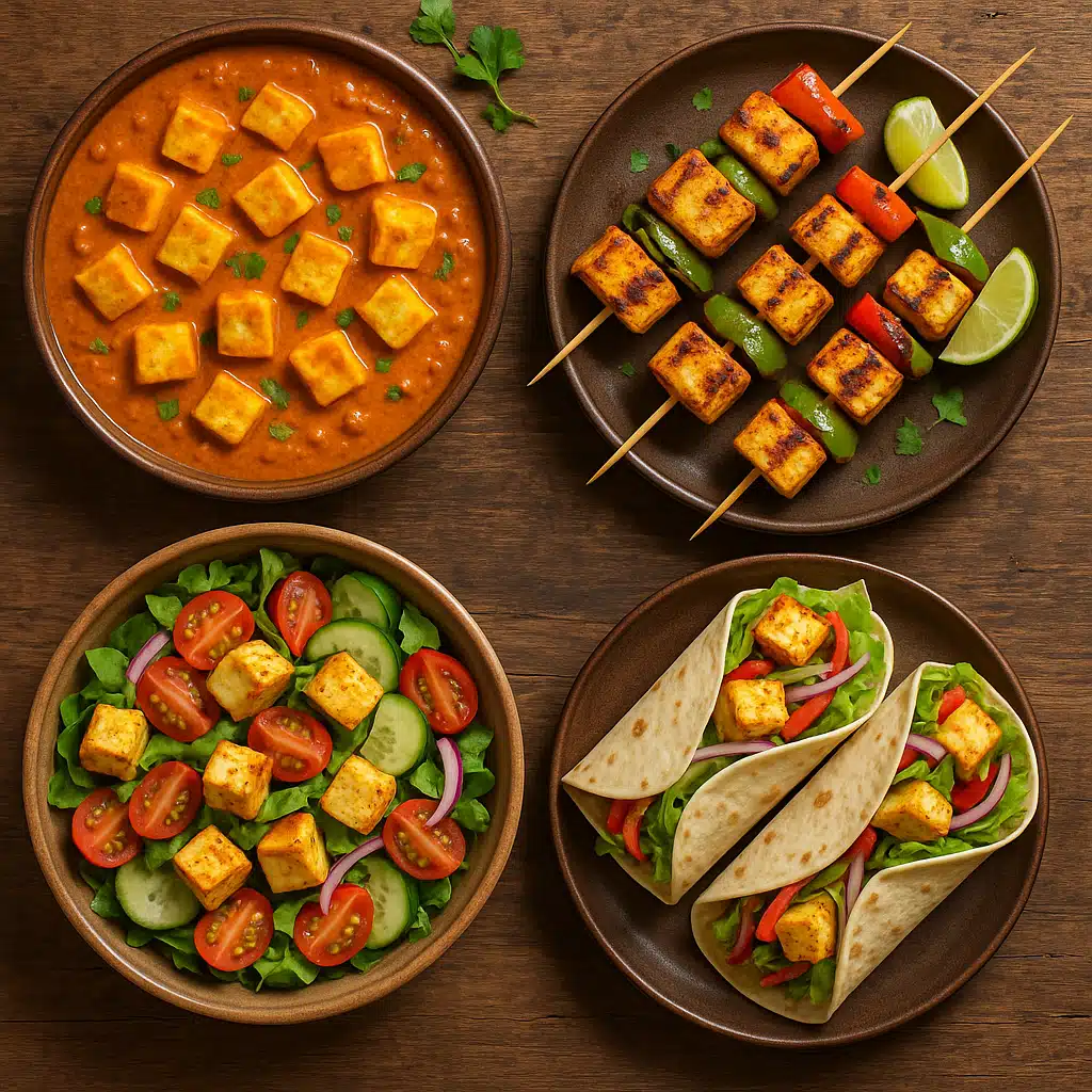 Various finished dishes featuring paneer including curry with cubed paneer, grilled paneer skewers, fresh salad with paneer chunks, and wraps, beautiful food presentation on rustic wooden table, overhead composition