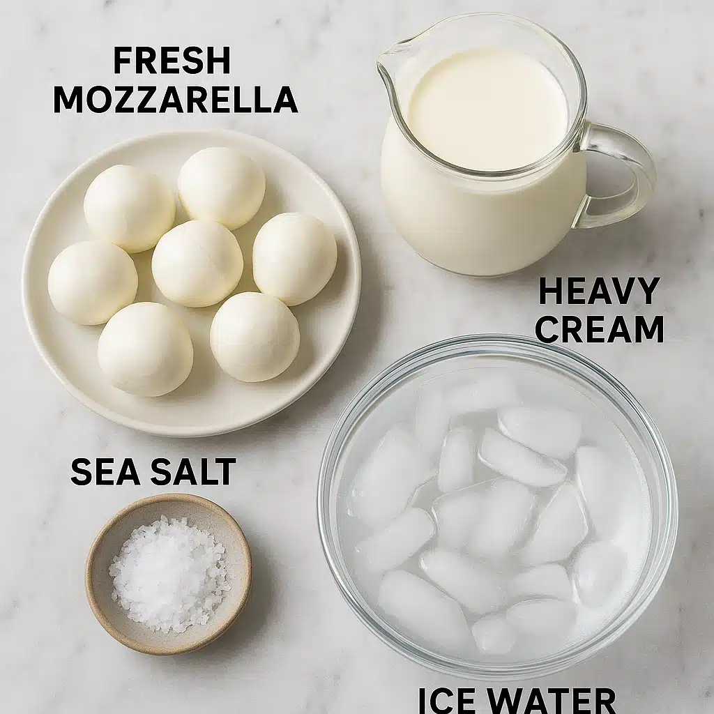 Ingredients for making burrata cheese arranged on a marble countertop including fresh mozzarella balls, heavy cream in a glass pitcher, sea salt, and ice water in a bowl