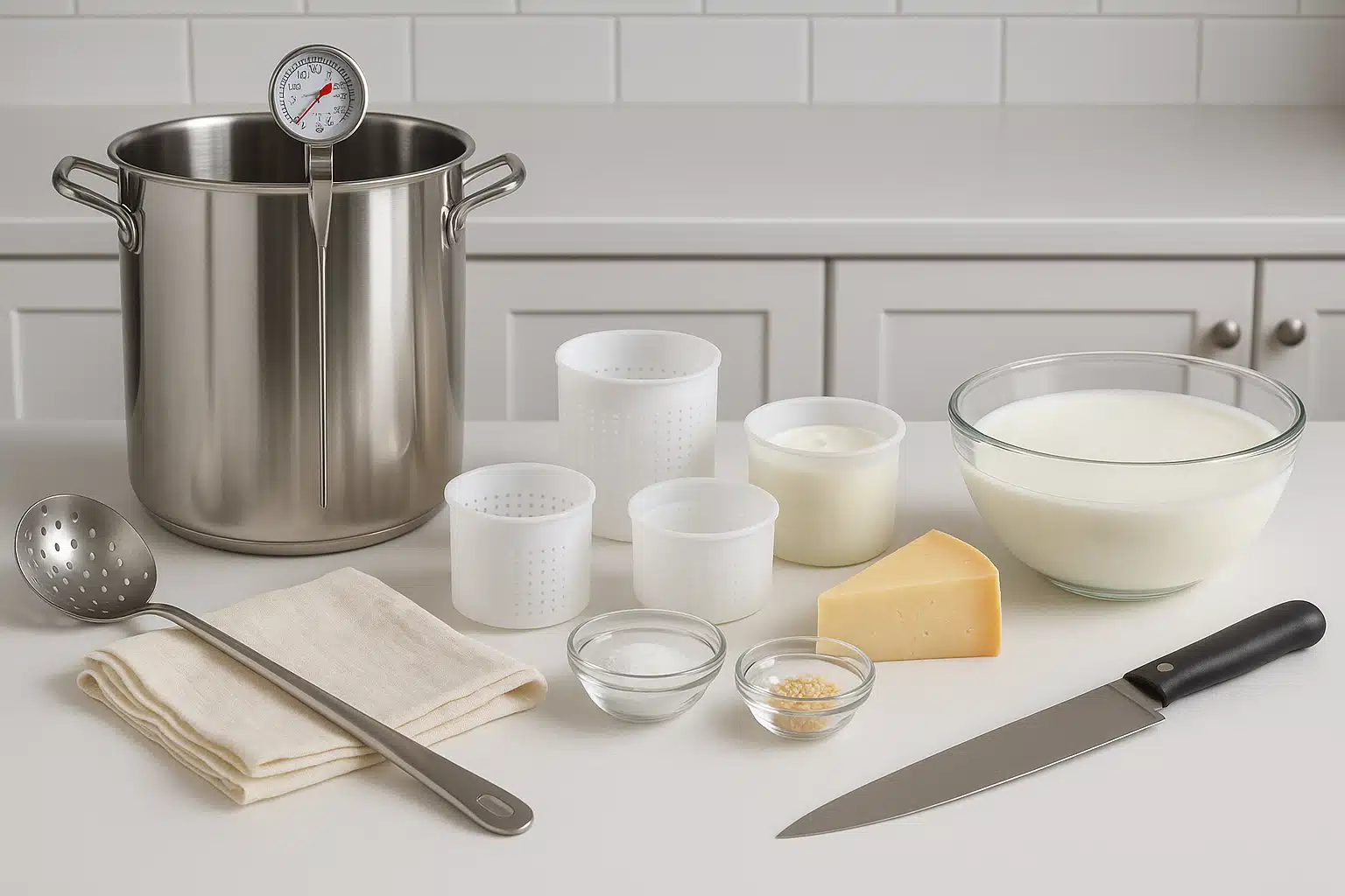 Complete cheese making tools and equipment laid out on a clean kitchen counter, including thermometer, cheese cloth, molds, and ingredients, organized and professional presentation