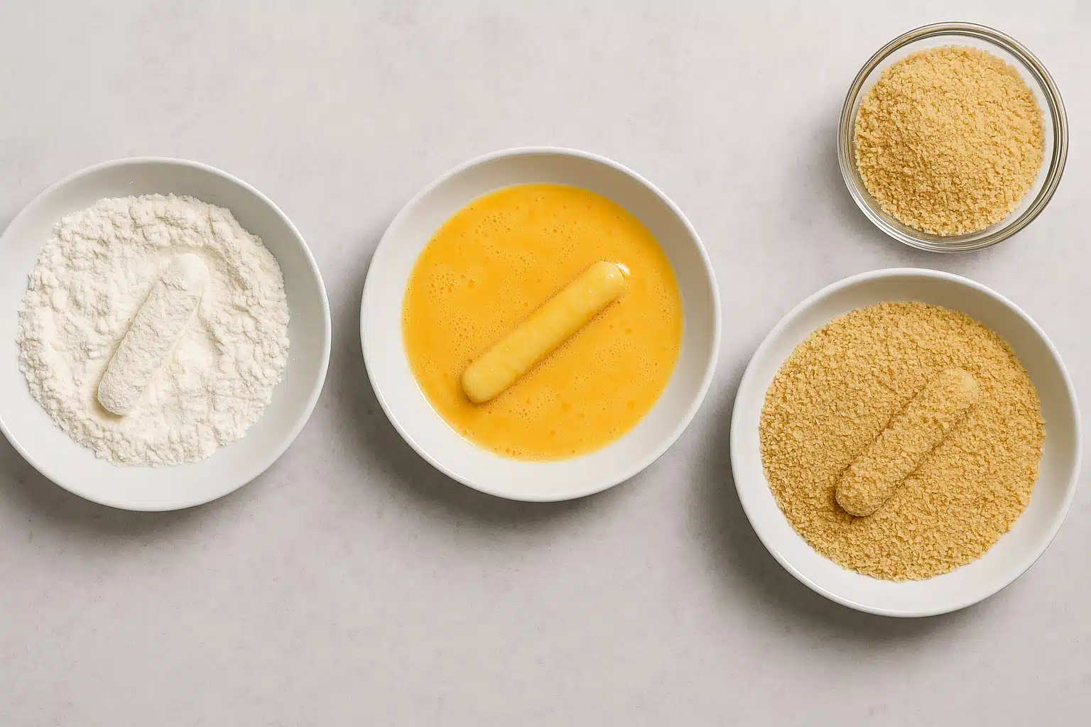 Step-by-step process of breading mozzarella sticks showing three stages - flour coating, egg wash, and breadcrumb coating, culinary instruction photography with clear detailed view